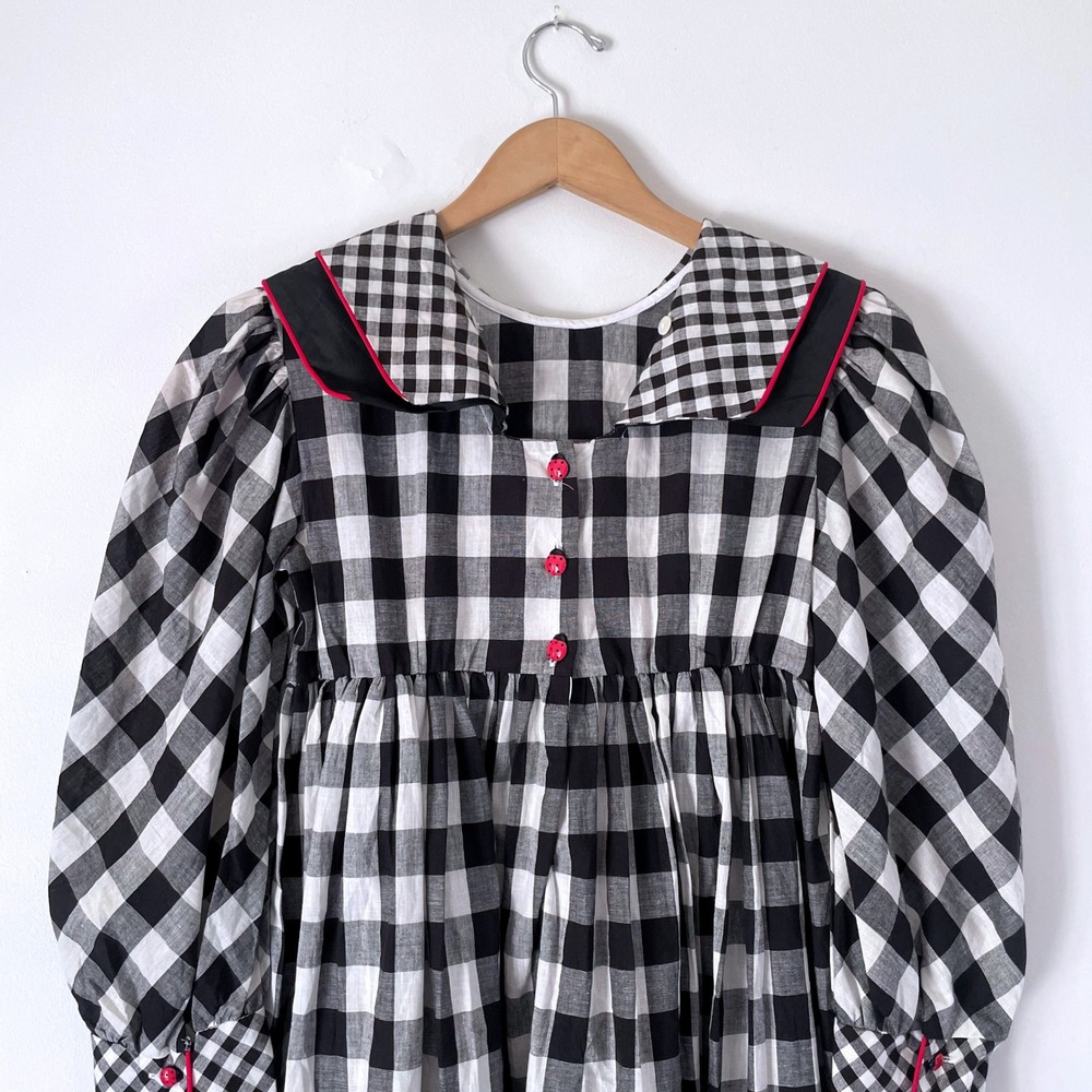 Vintage Gingham Check Prairie Dress Sz Small Black White Cottage Retro Ladybug